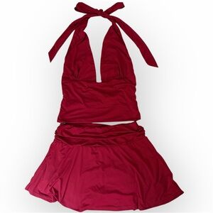 Missguided Dark Red Small Set, Halter Tank Top and Skort (Mini Skirt W/ Shorts)